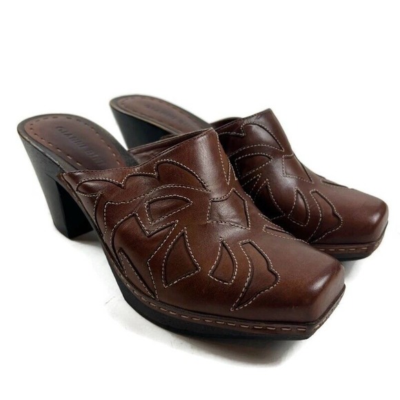 Gianni Bini Shoes - Gianni Bini Womens Shoes 6.5 Brown Leather Tooled Mules Slip Ons Retro 90s
